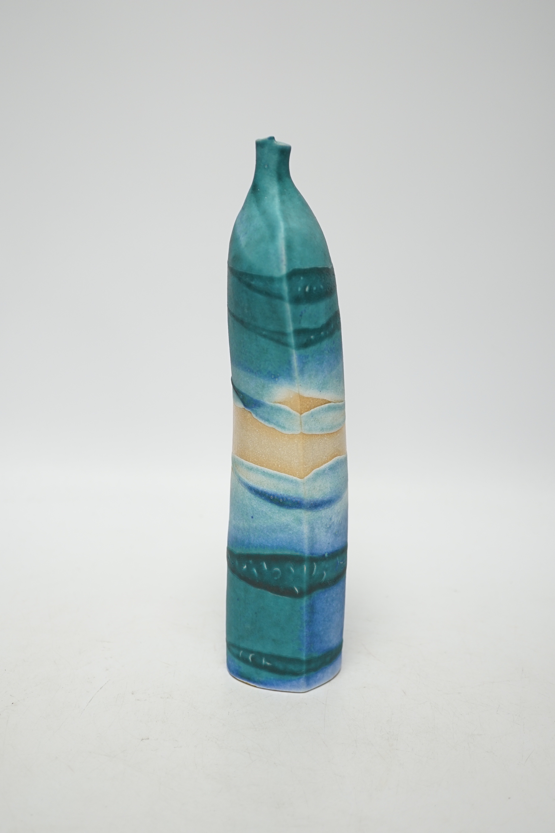 Studio Pottery - a tall narrow neck vase by Kirsti Hannah Brown 'seascape bottle', H27 impressed mark to base, 27cm